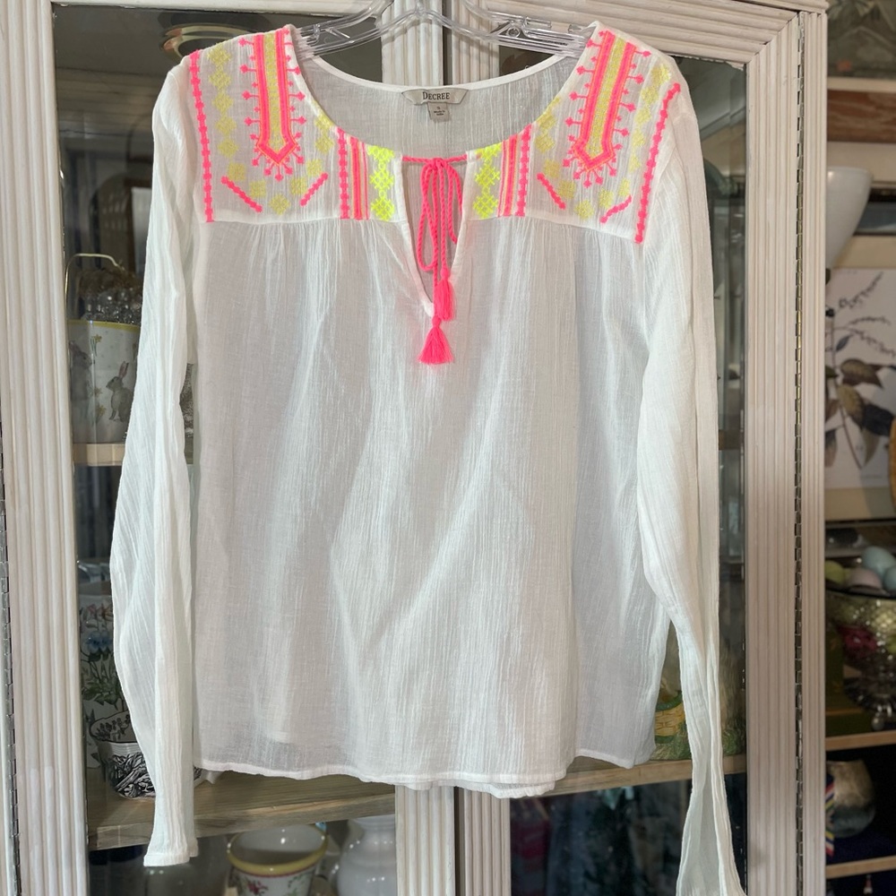 Vintage Decree white boho blouse neon pink & yellow embroidery womens top S